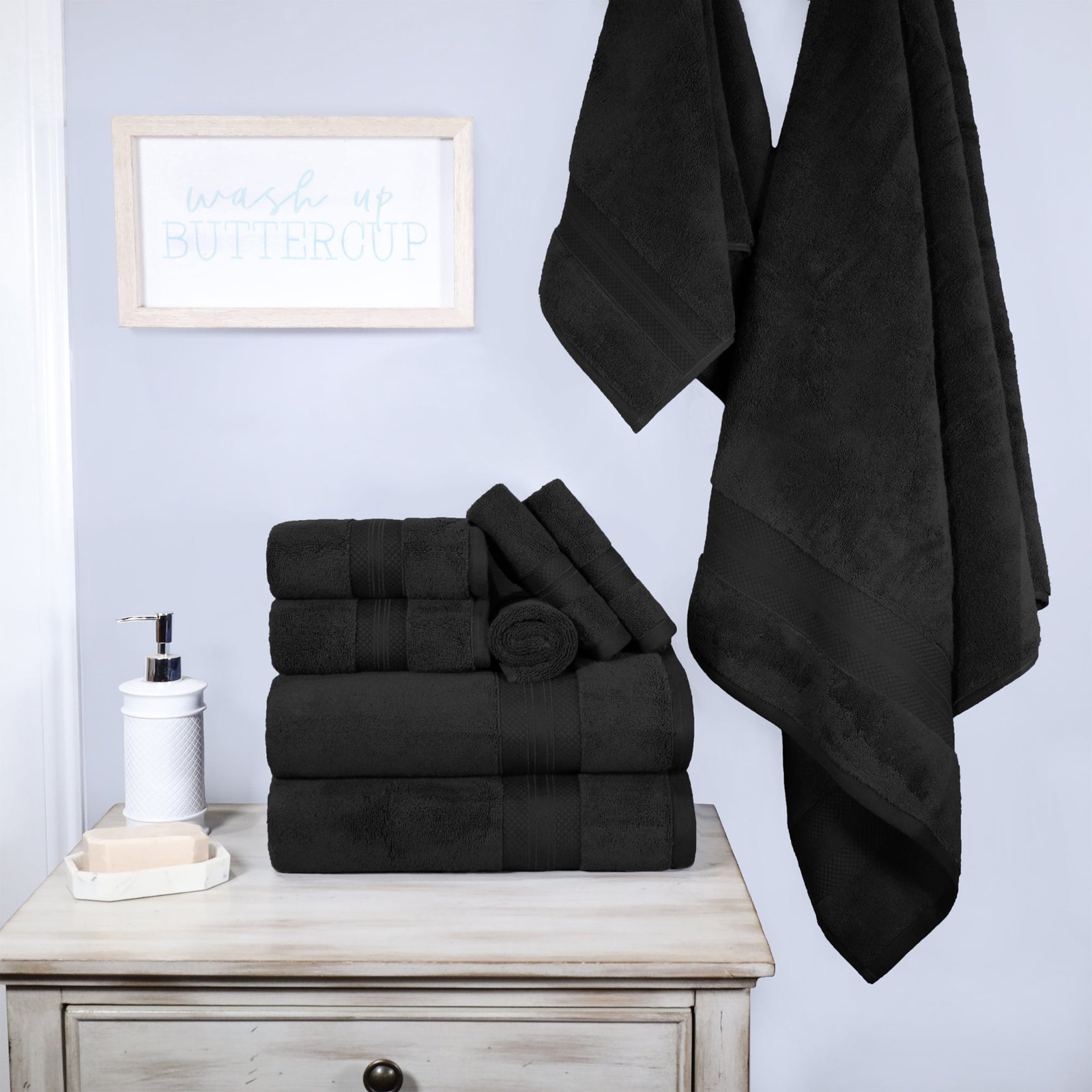Finnian Turkish Cotton Bath Towel, Black, 9 Piece Towel Set
