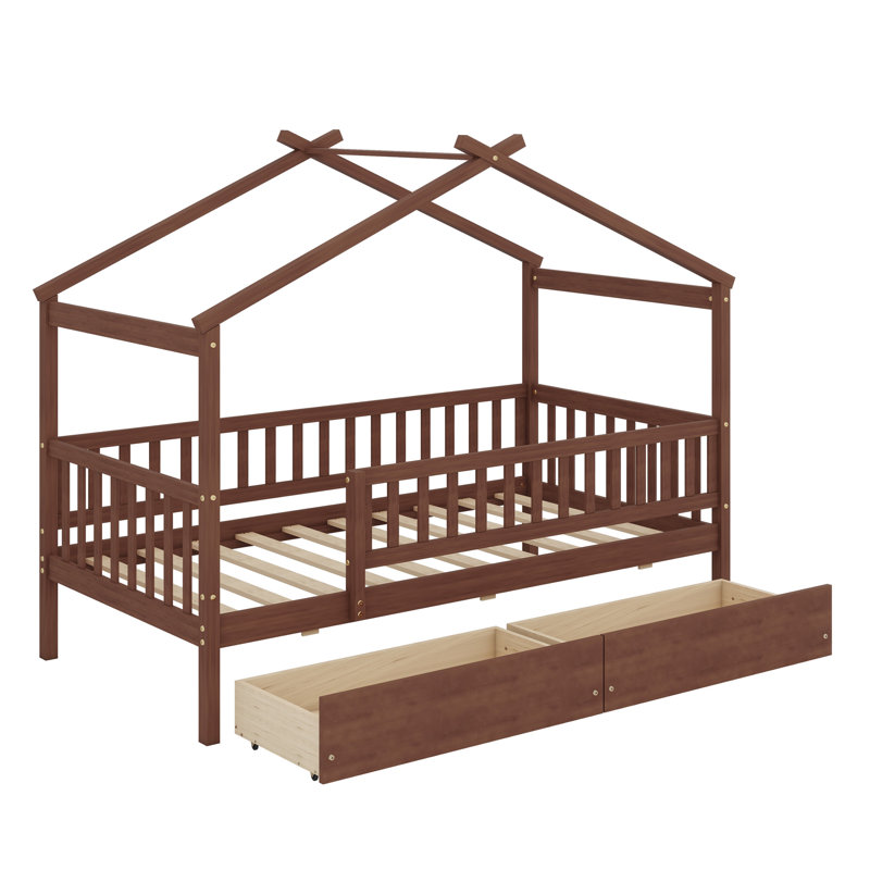 Lit en bois avec deux tiroirs, Noyer