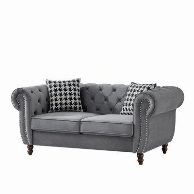 65"Chesterfield ‌Velvet Upholstery Fabric Sofa With Roll Armrest & Nailhead,Upholstered Mid Century Modern Couch,2 Seater Couch For Living Room, Office, Apartment, Grey