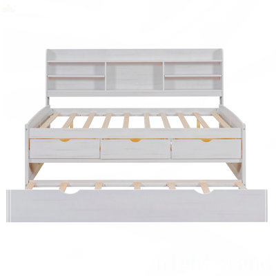 Full Size Wooden Captain Bed With Built-In Bookshelves