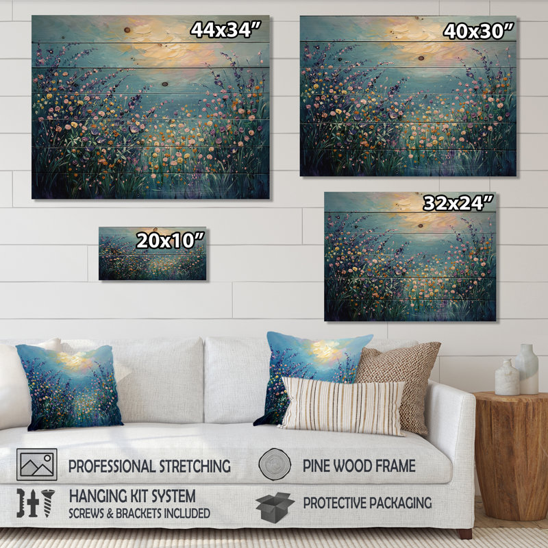 Dreamscape Wildflowers Sunrise Field - Wildflowers Wood Wall Art - On Natural Pine Wood, 30" H x 40" W x 0.78" D