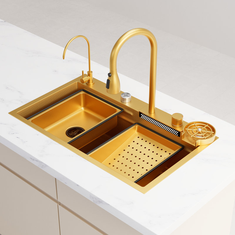 33 X 22 Inch Gold Drop-In Kitchen Sink With Pull-Out Faucet & Sprayer - Single Bowl Top Mount Stainless Steel