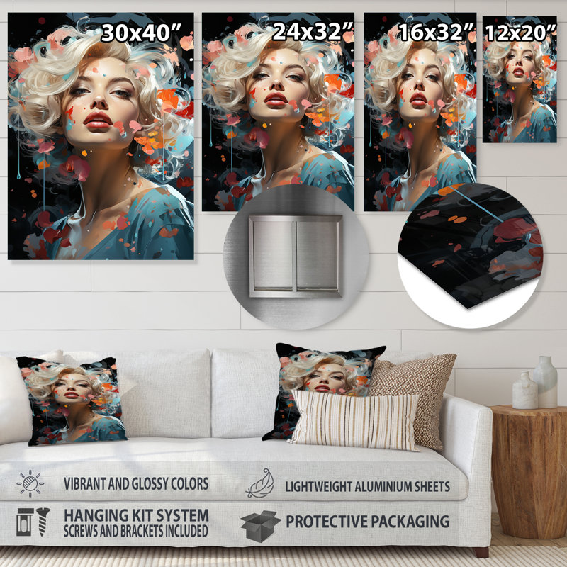 Bleu et noir Marilyn Monroe Glamour Portrait III - art en métal tendance, H 20 po x l 12 po x P 1 po