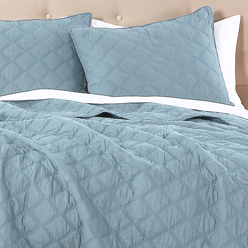 Twin Light Aqua Cotton Diamond Quilt Set