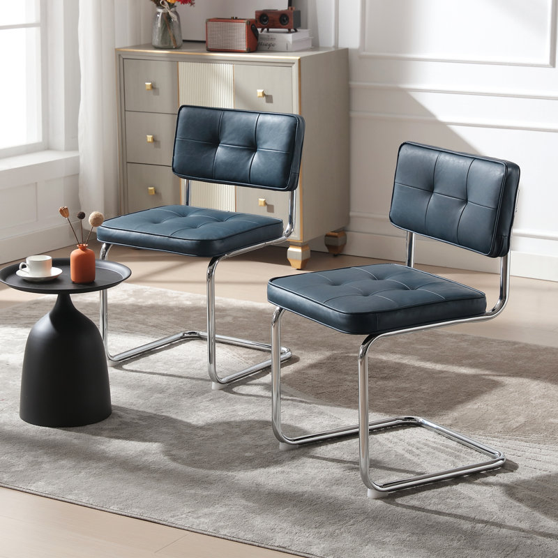 Aveon 49cm H Mid-Century Modern Tufted Faux Leather Side Dining Chair with Steel Frame(Set of 2), Blue