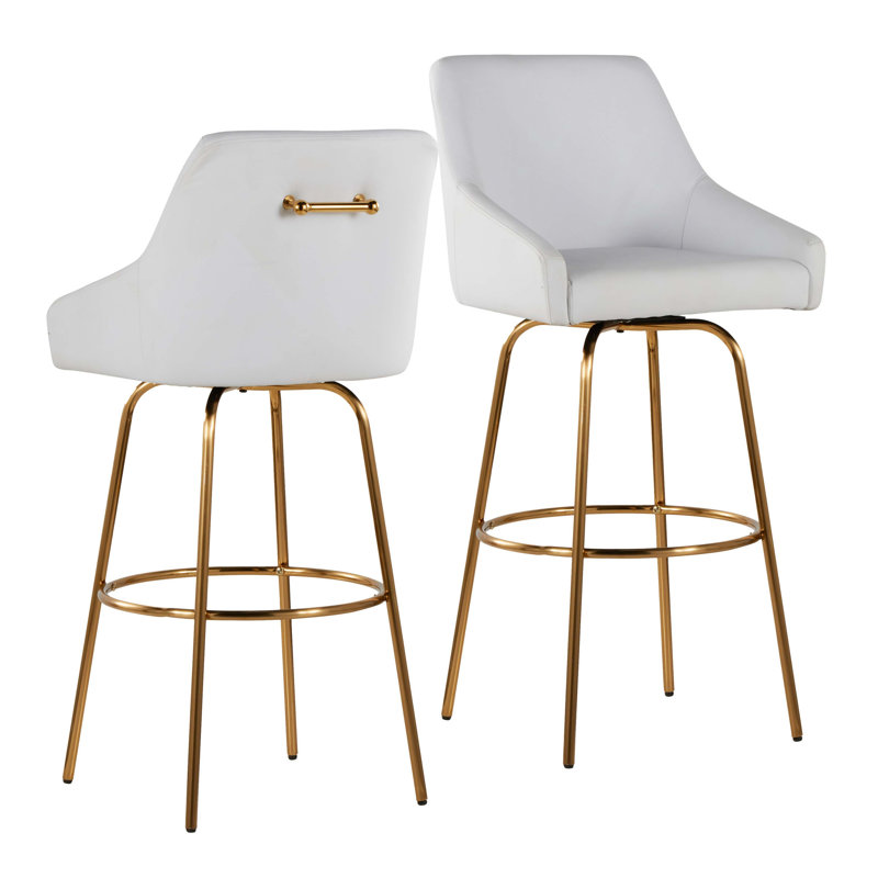 30" Fixed-Height Barstool With Swivel In Gold Metal, White Faux Leather, And Gold Metal With Rounded Gold Metal Footrest - Set Of 2