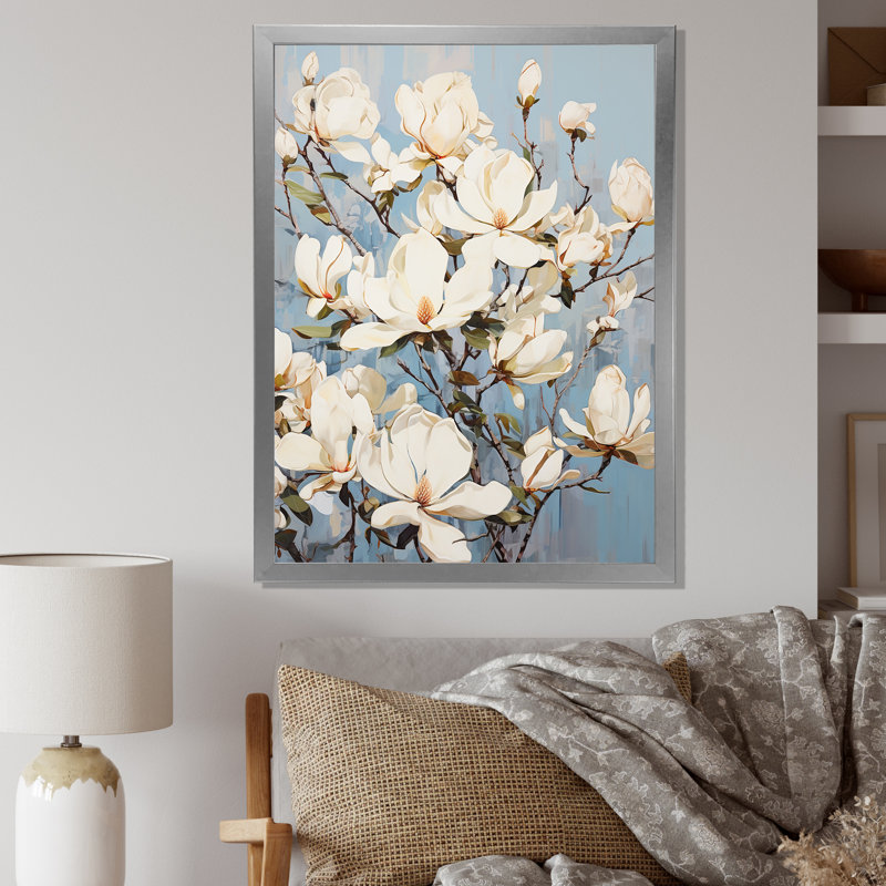 Magnolias en fleurs en blanc, H 32 po x l 24 po x P 1 po, Cadre flottant blanc
