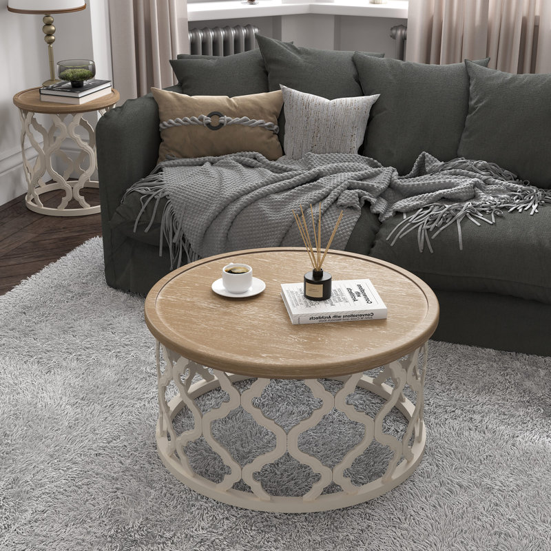 Mayenne Rustic Farmhouse Round Coffee Table with Distressed Wood Tray Top, Natural Wood Top/ Beige Base