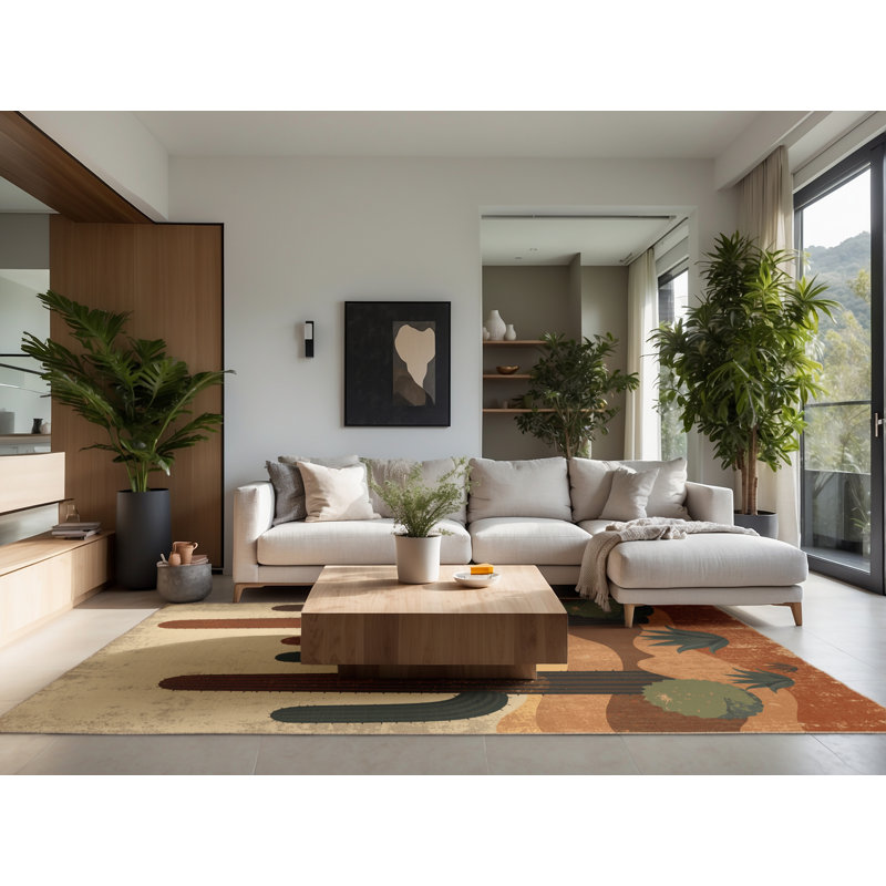 Tapis moelleux et moelleux au look rustique et moderne à motif de cactus brun et beige, 3 X 5