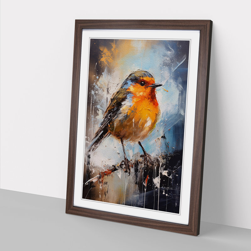 Robin Bird Action Painting - Framed Print, Walnut, 46cm H x 34cm W x 2cm D
