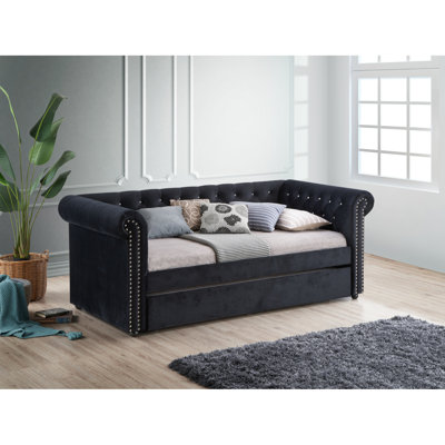 Loe Twin Daybed with Pull-Out Trundle, Chesterfield Black Velvet Upholstery
