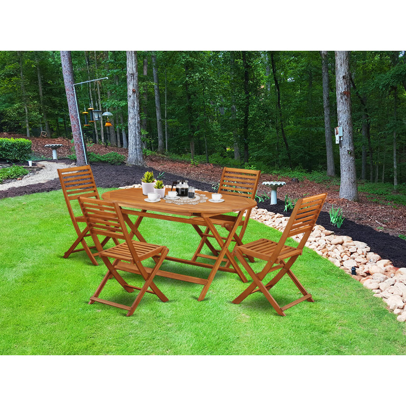 5 Piece Patio Dining Set Includes an Oval Outdoor Acacia Wood Table and 4 Folding Side Chairs, 36x60 Inch, Natural Oil