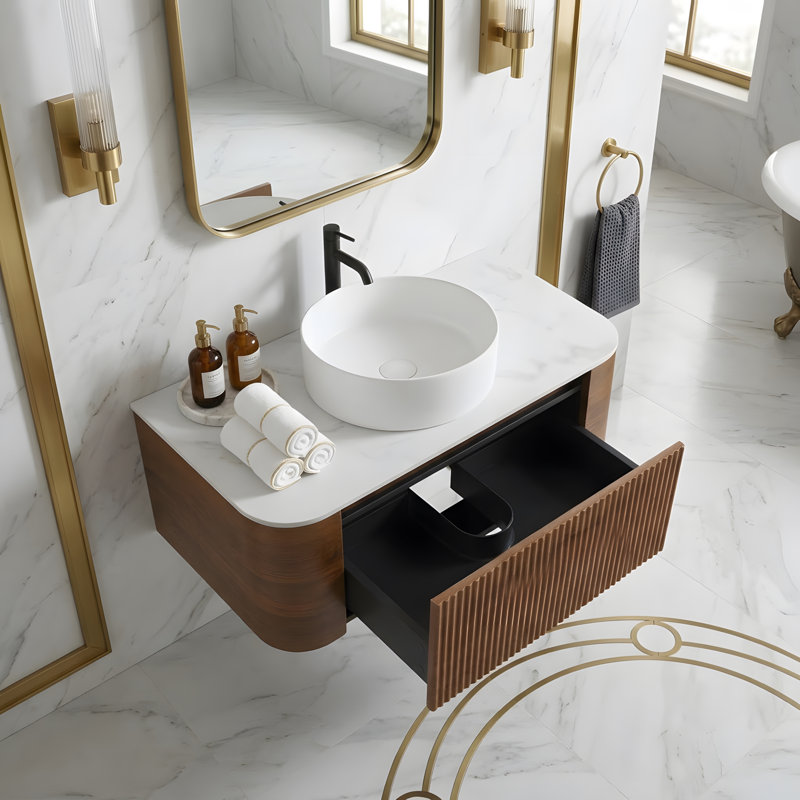 Meuble-lavabo mural de 91 cm (36 po) avec lavabo rond blanc rayé et tiroir de rangement, Noyer, 36, Blanc