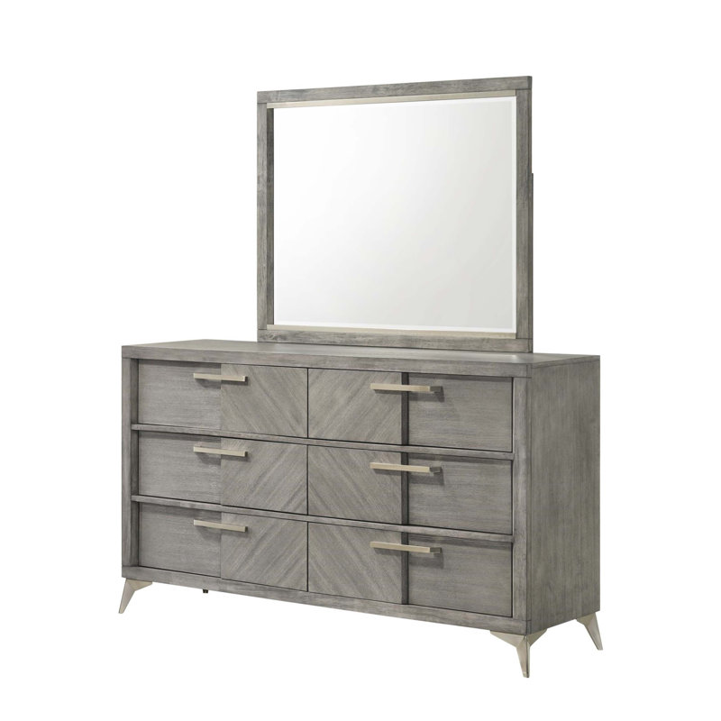 Commode élégante à 6 tiroirs avec placages assortis, parfait pour les solutions de rangement organisées et élégantes.