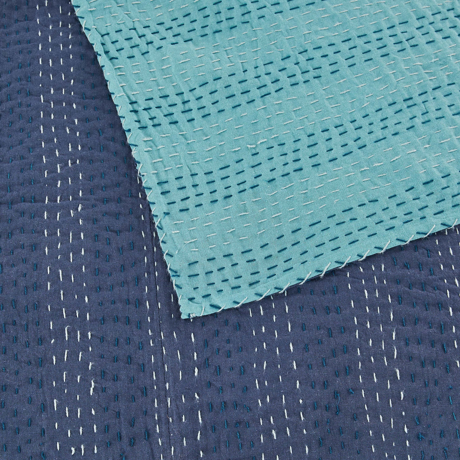 Soild Kantha Cotton Coverlet Set, Queen Coverlet, Blue