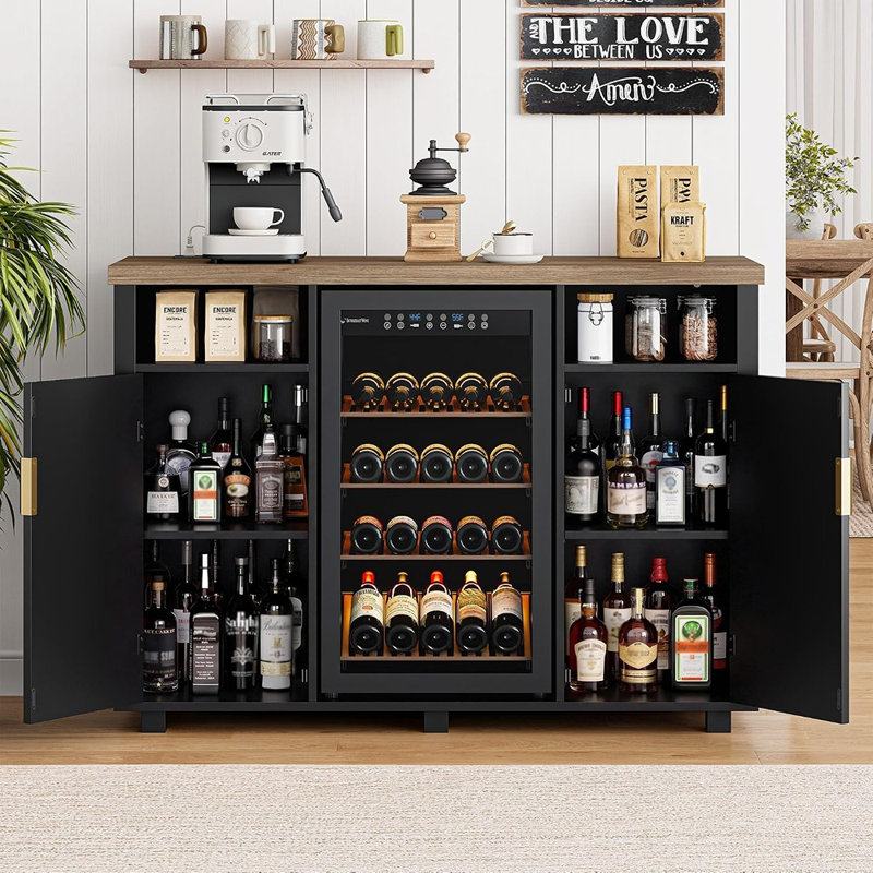 Meuble-bar à café avec compartiment réfrigérateur, rangement pour bouteilles de vin, prise électrique et rangement dans la porte, buffet moderne cannelé