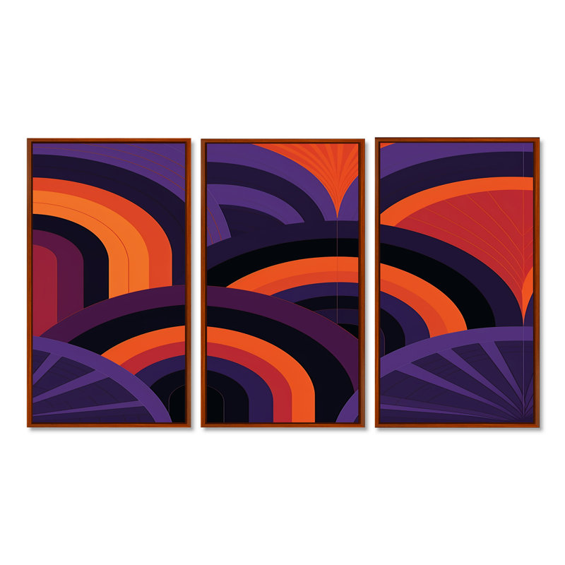 Abstrait vagues rétro mauve orange - ensemble d'art mural abstrait, H 40 po x l 60 po x P 1 po, Cadre flottant brun