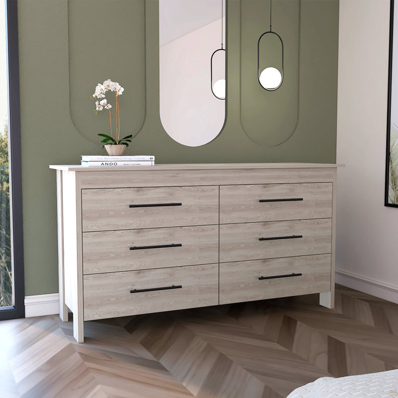 Commode double, quatre pieds, 6 tiroirs, plateau supérieur, gris clair