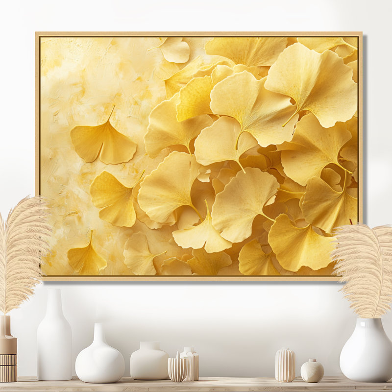 Golden Ginkgo Leaves Harmony III - feuilles, art mural, H 12 po x l 20 po, Impression encadrée flottante, Crème, crème