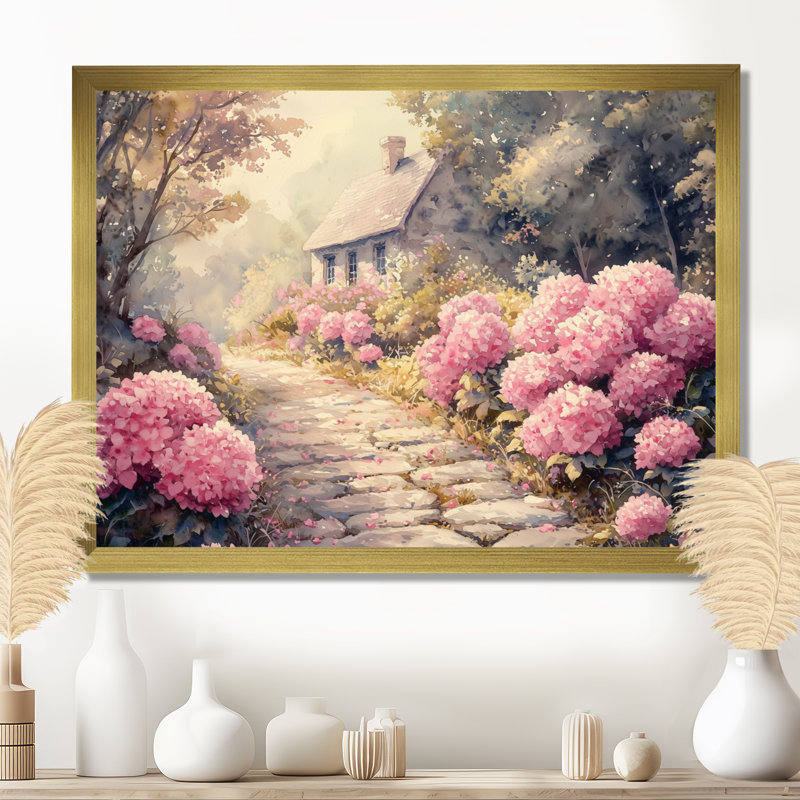 Hortensias par le chemin de pierre IV - hydrangées, art mural, H 30 po x l 40 po, Reproduction encadrée d'une seule photo