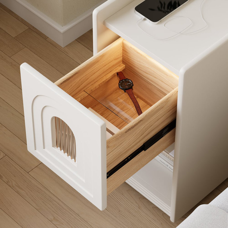 Rustic Narrow Smart Nightstand Cherry Bedside Table With Sensor Light And USB Port, White