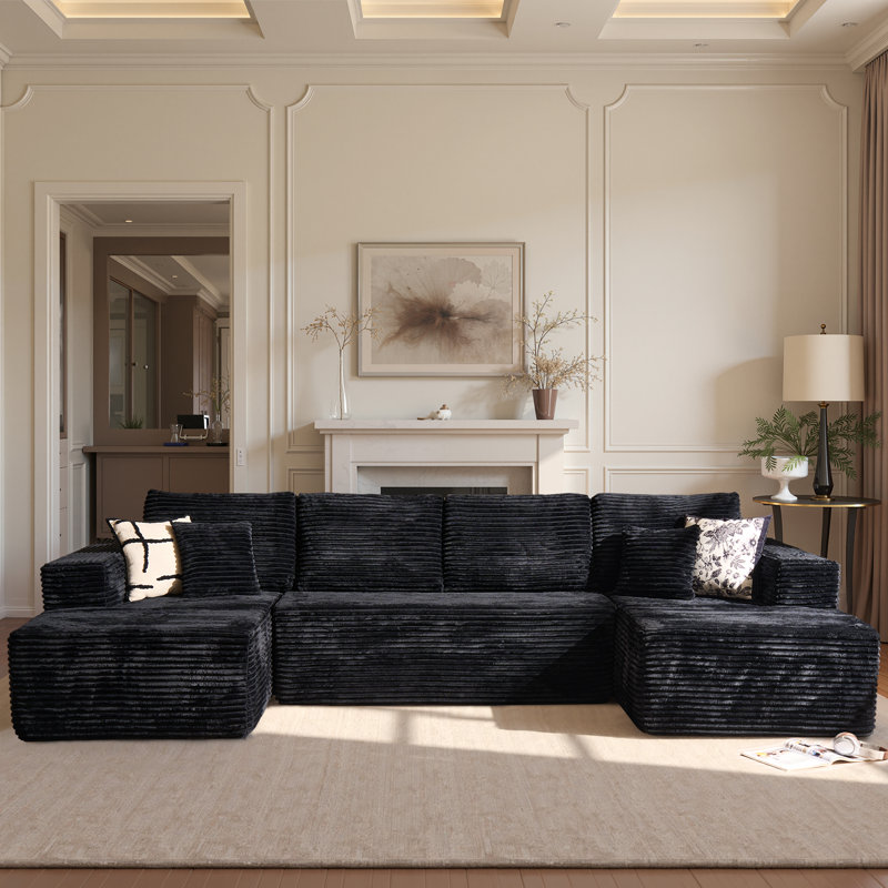 No Assembly Required Compression Packed 3-piece Cloud Modular Upholstered Sectional Sofa, Black Polyester/Corduroy