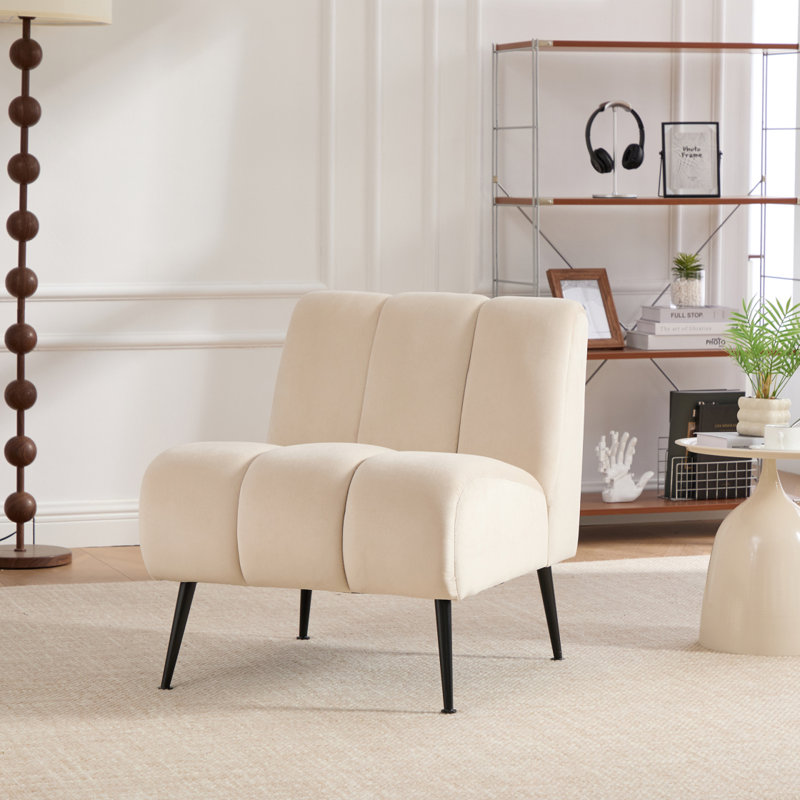 24.4" Wide Modern Upholstered Armless Chair With Black Metal Legs, Velvet Accent Chair For Living Room,Bedroom,Office And Reading Room,Beige