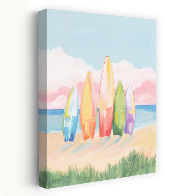 Planche de surf colorée sur une plage de sable, art mural côtier, H 24 po x l 16 po