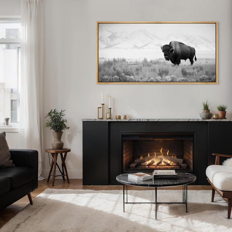 Vache animaux bison monochrome dans les plaines, reproduction d'art sur toile, H 30 po x l 60 po, Natural