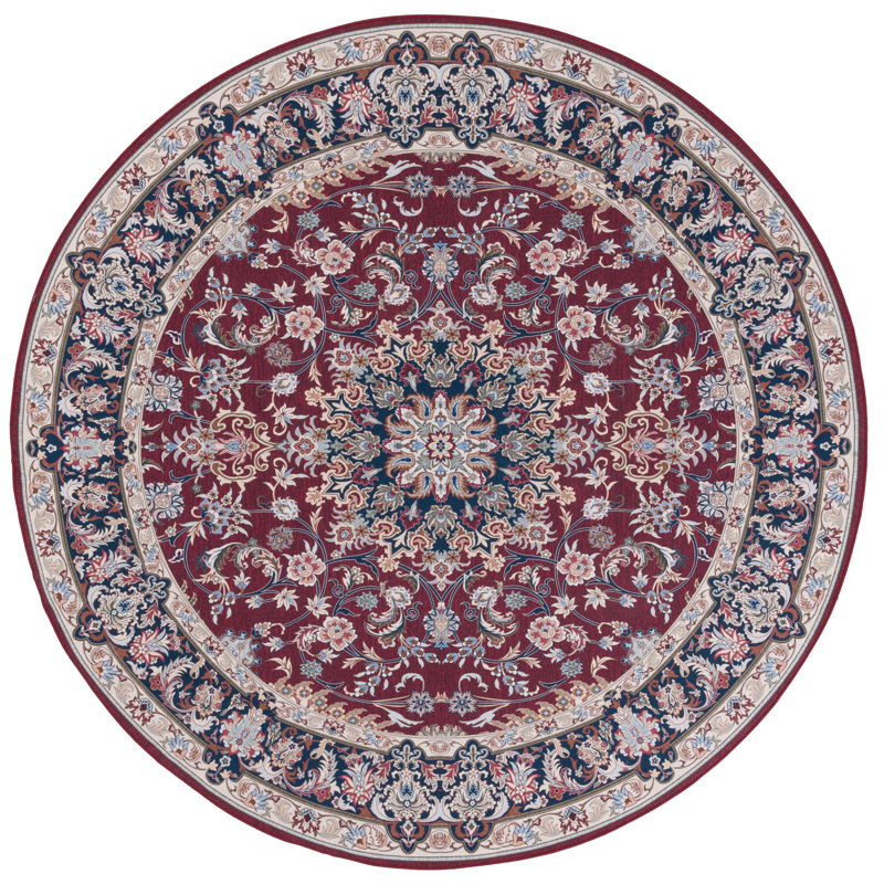 Tucson Vintage Look Machine Washable Non-Slip Area Rug in Maroon, Round 183 cm