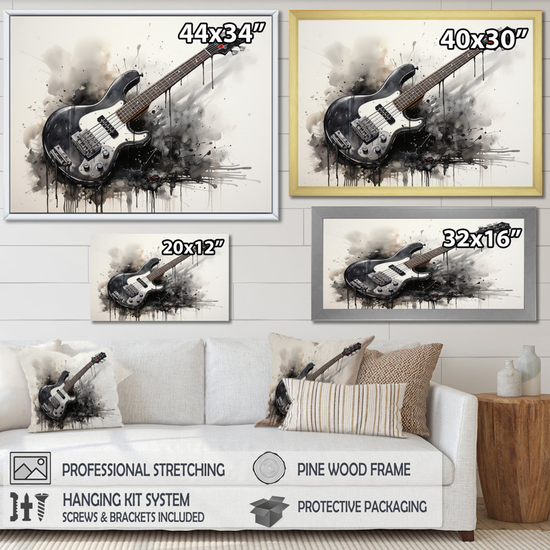 «Brown Charcoal Guitare Vibations II», art mural musique, Cadre d'angle fermé doré, H 16 po x l 32 po x P 1 po