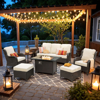 7 - Person Outdoor Seating Group With Cushions And Fire Pit