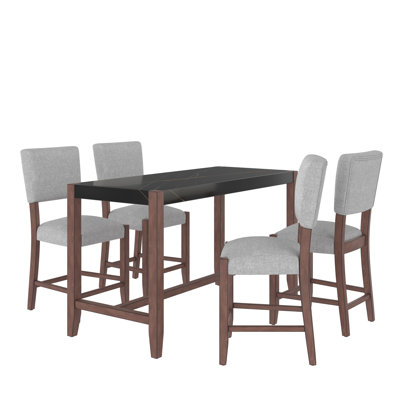 5-Piece Counter Height Dining Table Set, Faux Marble Bar Table and 4 Upholstered-Seat Chairs, Mid-century Modern Dining Set for Dining Room, Pub Kitchen, Small Place
