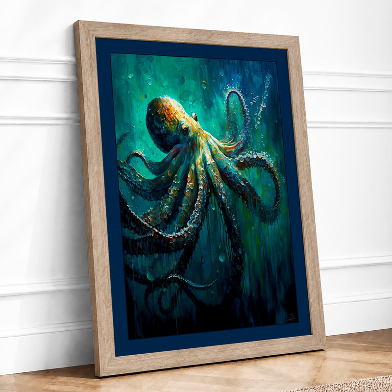 Octopus in Deep Waters Dark 1 Piece Single Picture Frame Wall Art, A4 - 29.7 x 21.0 cm, Oak