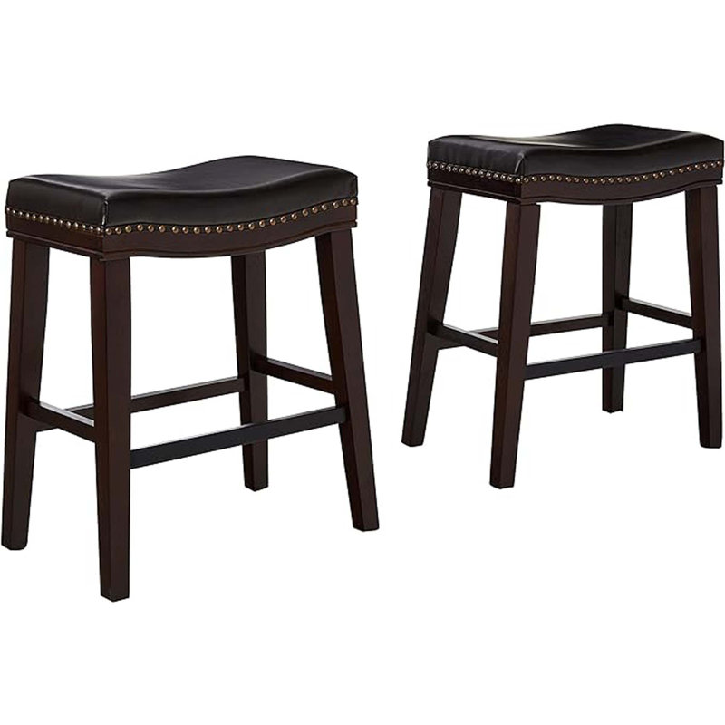 Tabouret de comptoir contemporain rembourré avec garniture cloutée, ensemble de 2, Noir, noir, noir, noir