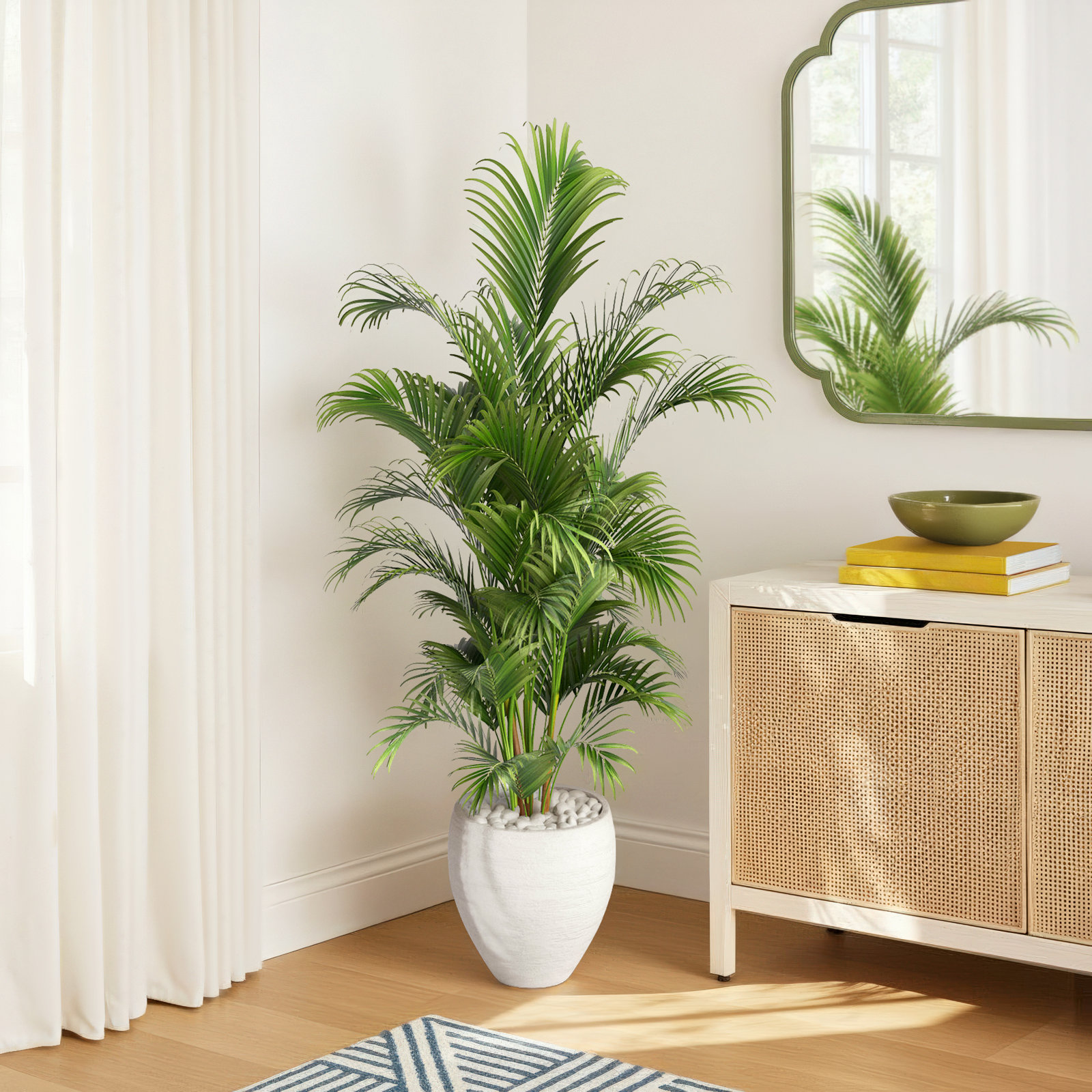 Faux Palm Tree in Ceramic Planter, White, 60" H x 31" W x 25" D