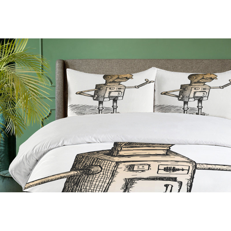 Queen Size Black and White Robot Sketch Duvet Cover Set