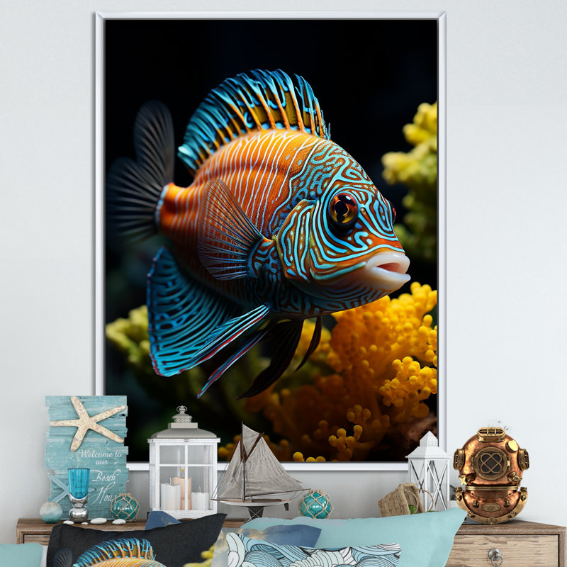 " Corals Butterflyfish Aquamarine Adventure ", White Floater Framed, 20" H x 12" W