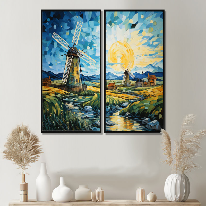 «Blue Calm Windmill Meadows», art mural industriel, 32" H x 32" W, Black, Impression encadrée flottante