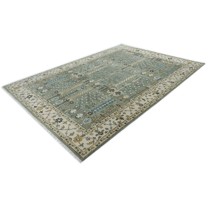 Tapis transitionnel beige en laine noué à la main 9 pi 11 po x 14 pi 1 po Oushak, Beige, Rectangle 9 pi 10 po x 14 pi
