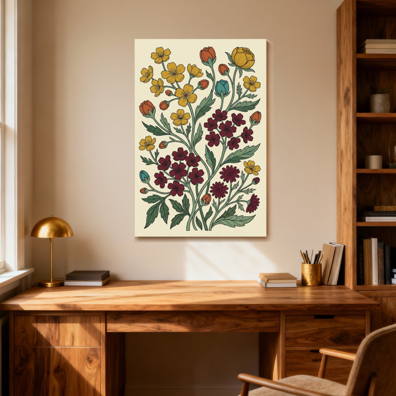 Plantes et fleurs avec motif floral jaune et rouge, H 18 po x l 12 po