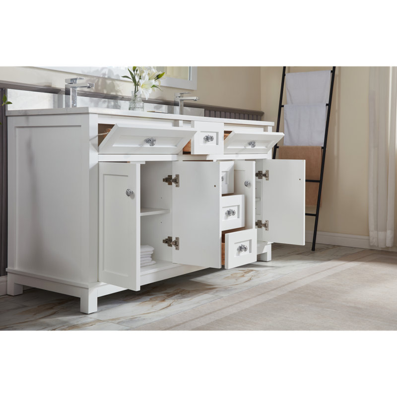 60" Finish Solid Wood Sink Vanity With 1' Artificial Stone Top, White, Polished Chrome