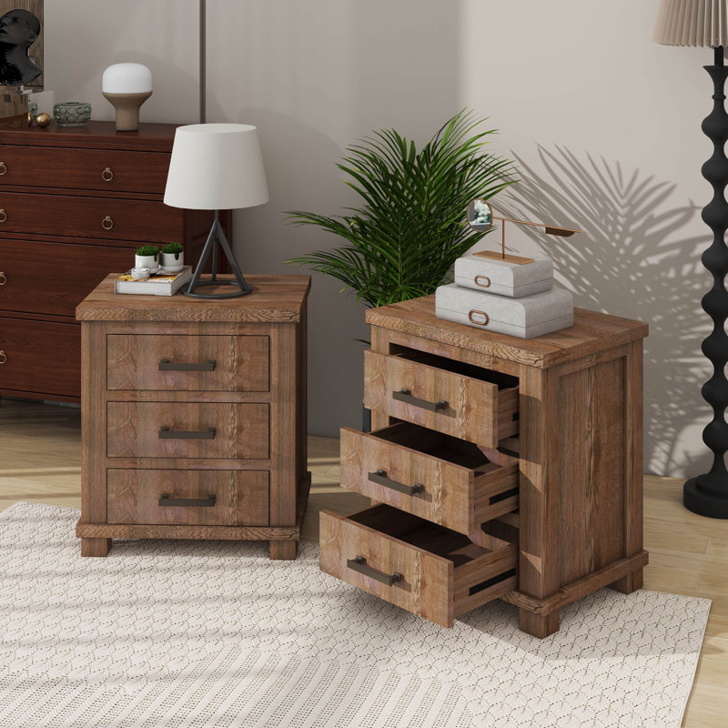 Rustic Three Drawer Reclaimed Solid Wood Farmhouse Nightstand Set Of Two
