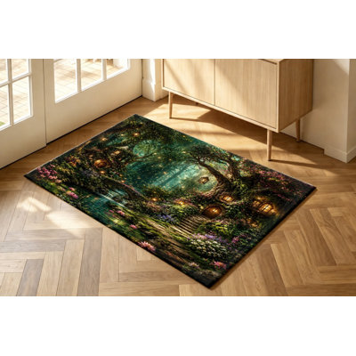 Tapis lavable à la machine avec motif de cabane dans les arbres en forêt magique et envers antidérapant, décor féerique de forêt illuminée et de nature, idéal pour le salon, la chambre, la salle de jeux, le bureau ou un appartement.