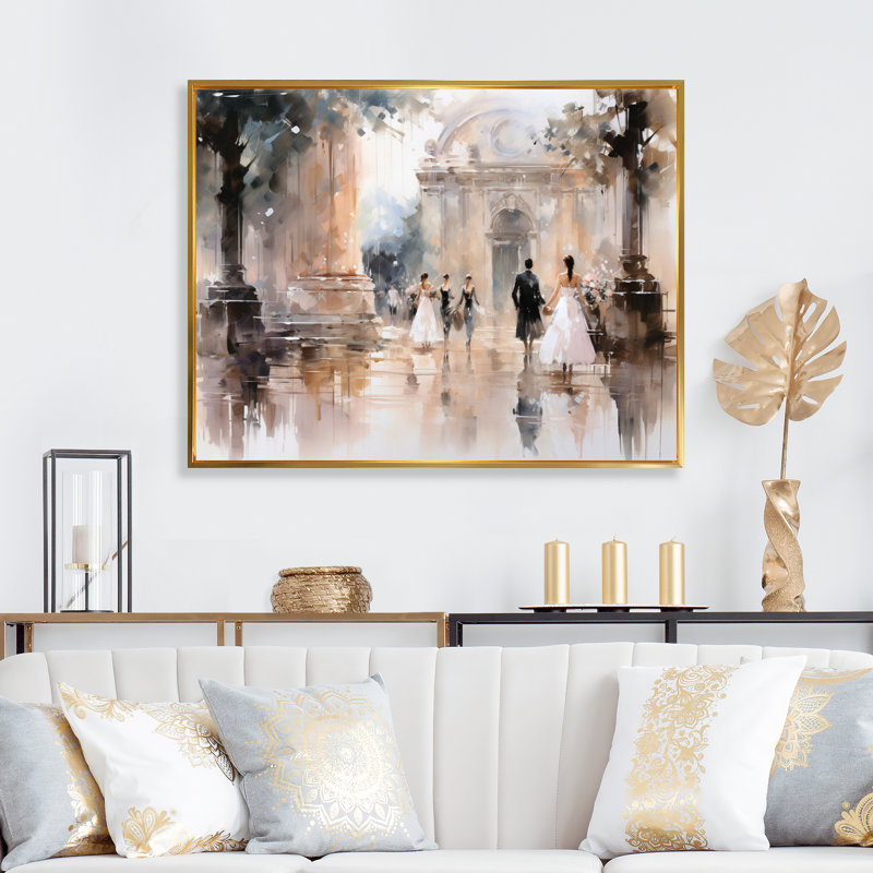 Impression sur toile Fashion Impressionist Elegance II, Cadre flottant doré, H 34 po x l 44 po x P 1,5 po
