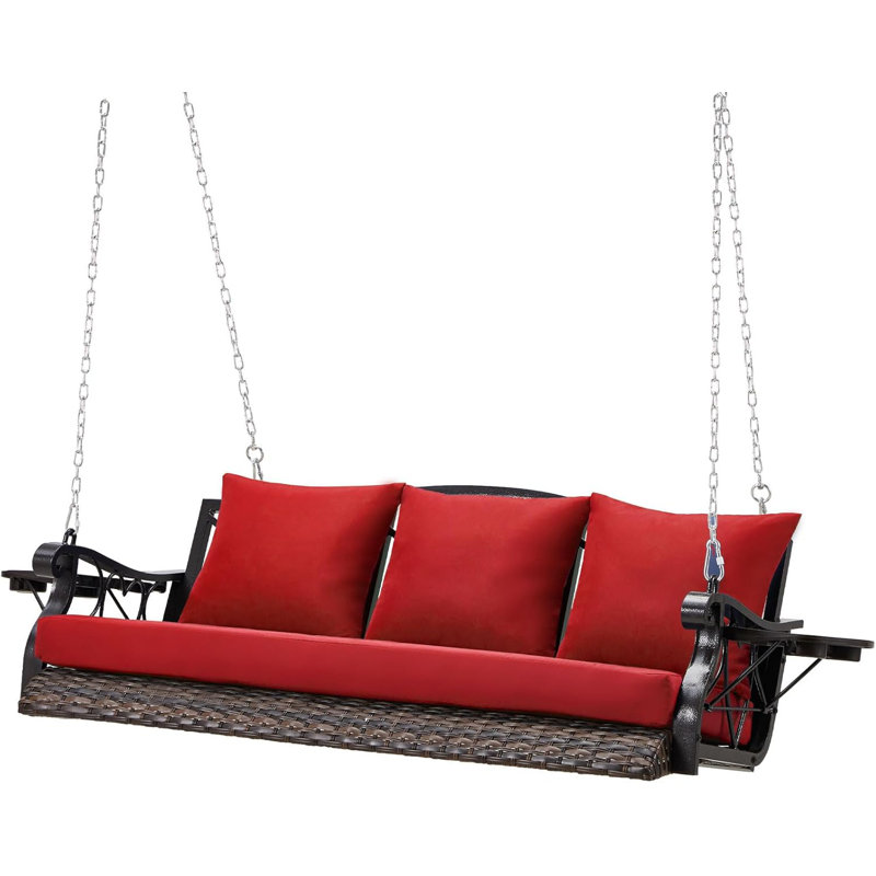  Balancelle d'extérieur pour 3 personnes, capacité de 900 lb, osier en rotin toutes saisons avec chaînes en acier et coussins inclus, porte-gobelet
