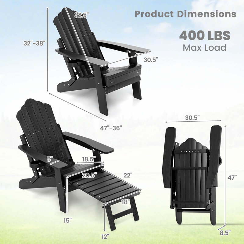 Patio Adirondack Chair All-weather Hips Lounge Chair With Retractable Footrest, Black