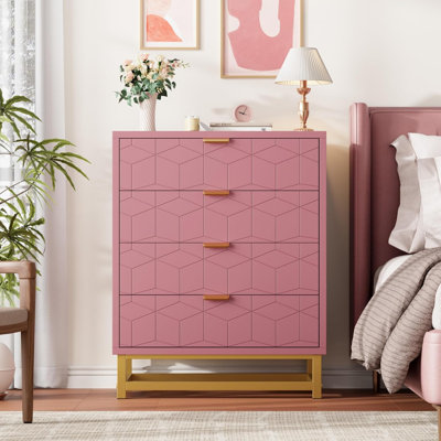 Commode rose à 4 tiroirs avec structure en bois et pieds en métal, commode de rangement large pour la chambre à coucher, le salon, le couloir