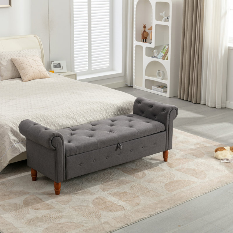 Flax Fabric Storage Bench With Wooden Legs For Bedroom And Entryway, Perfect For Shoe Changing And Extra Seating