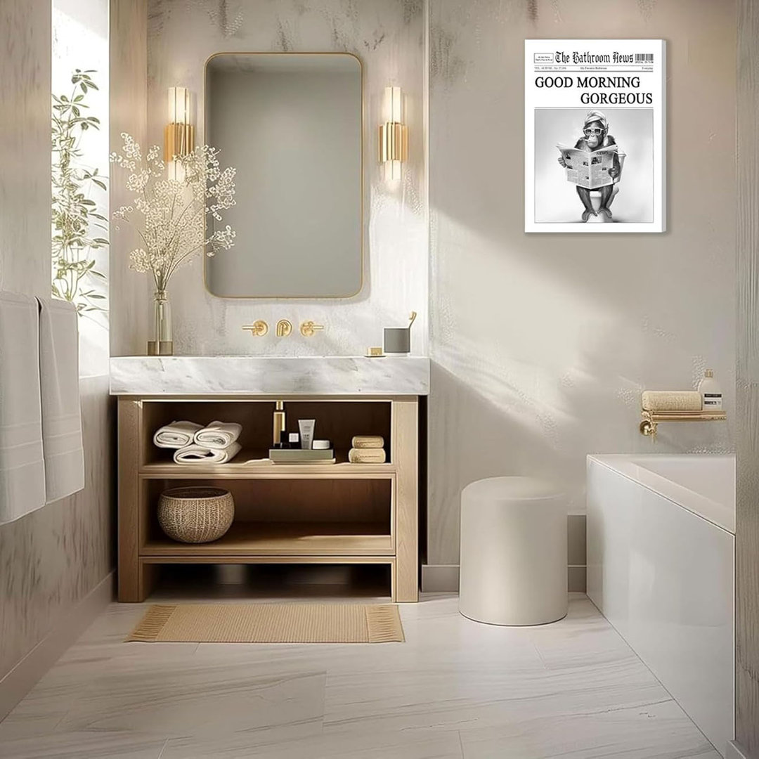 Funny Gorilla Bathroom Canvas Wall Art Black White Gorilla Reading Newspapers Painting Picture Wall Decor Humorous Bathroom Animals Poster Print Artwo
